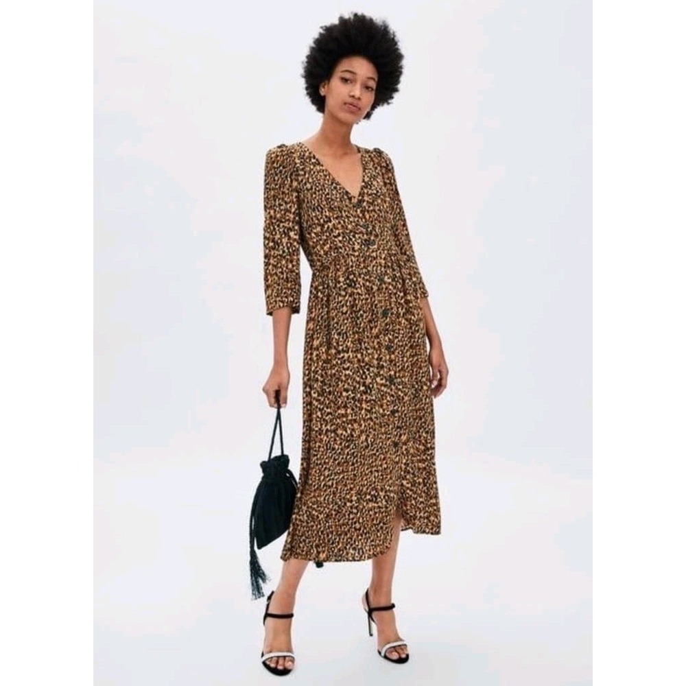 Zara Tan Black Leopard Print Button Up 3/4 Sleeve Going Out Midi Dress Size XS